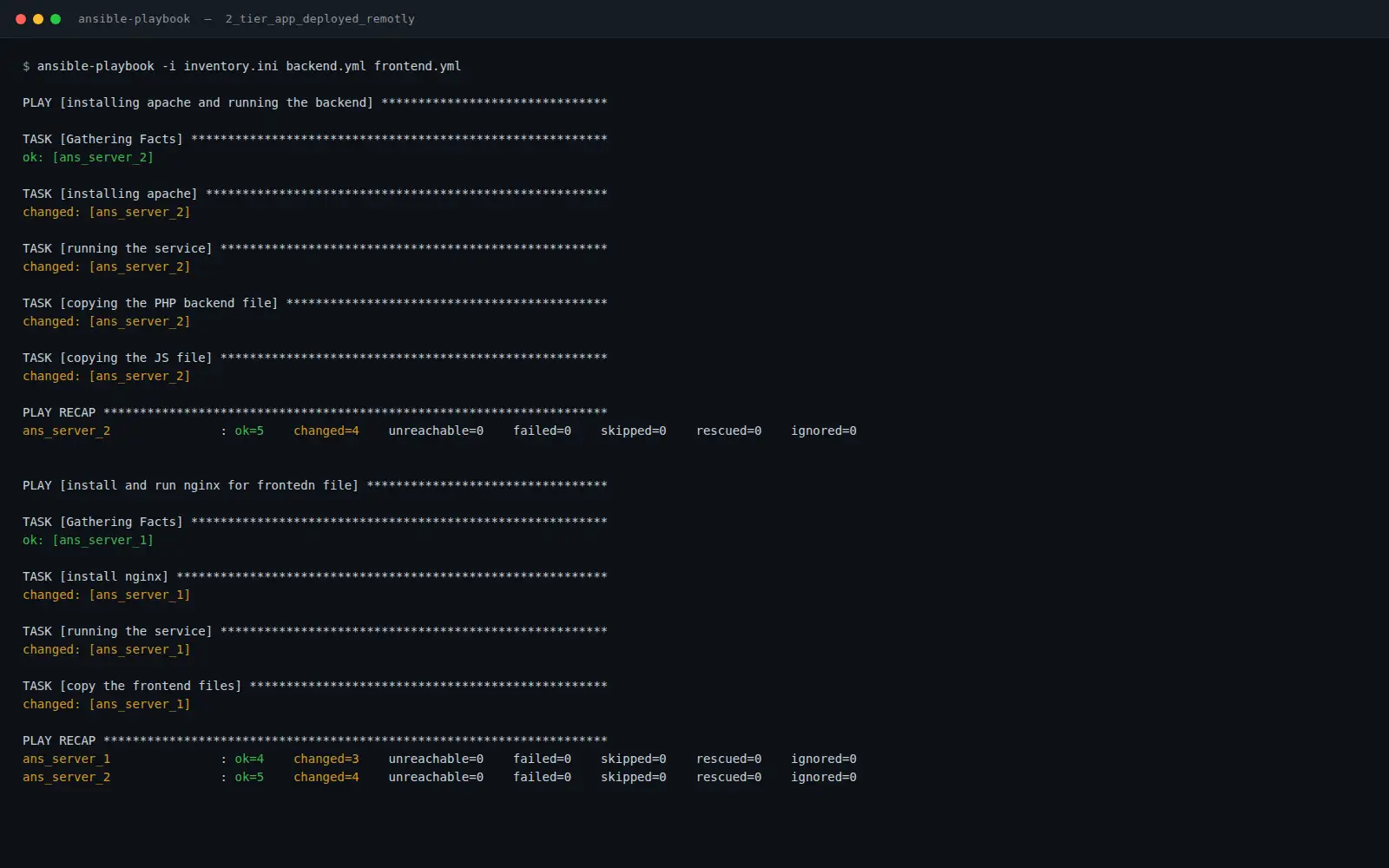 An ansible-playbook run installing Apache, PHP and Nginx across the app servers, both plays green