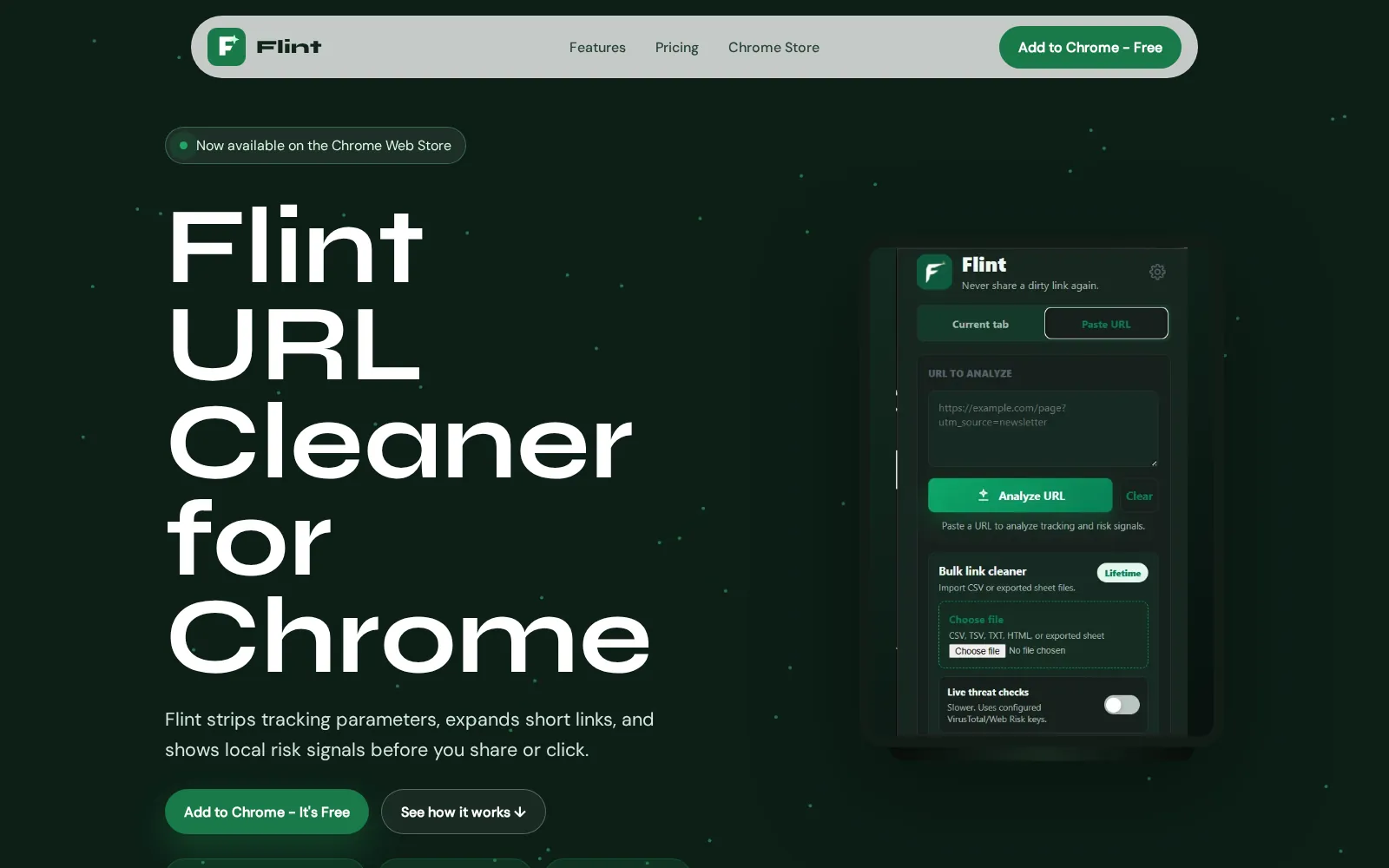Flint, a Chrome extension that strips tracking parameters from links, built by Adnan Khan