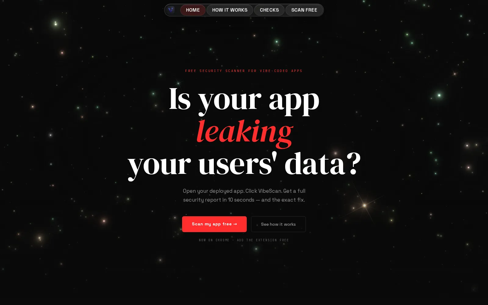 VibeScan, a browser security scanner reporting page risks in plain language